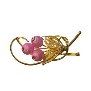 Vintage Gold Tone Floral Wire Wrapped Pink‎ Bead Pearl Crystal Brooch Pin
